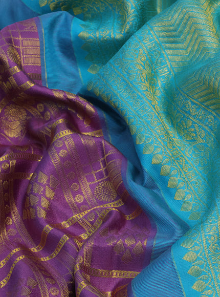 Pure kanchipuram silk saree lavender shade and teal blue with allover zari woven brocade weaves and long rich zari woven border - aari work blouse