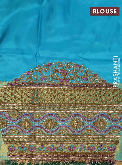 Pure kanchipuram silk saree lavender shade and teal blue with allover zari woven brocade weaves and long rich zari woven border - aari work blouse