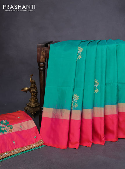 Pure kanchipuram silk saree teal green and dual shade of pinkish orange with silver & gold zari woven floral buttas and zari woven simple border - aari work blouse