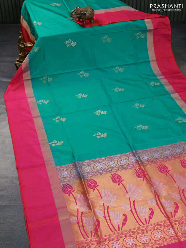 Pure kanchipuram silk saree teal green and dual shade of pinkish orange with silver & gold zari woven floral buttas and zari woven simple border - aari work blouse