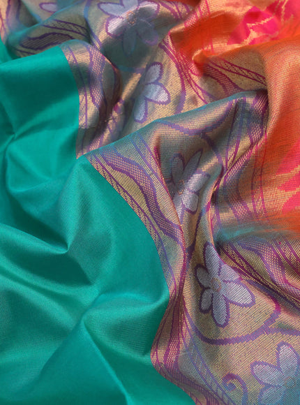 Pure kanchipuram silk saree teal green and dual shade of pinkish orange with silver & gold zari woven floral buttas and zari woven simple border - aari work blouse