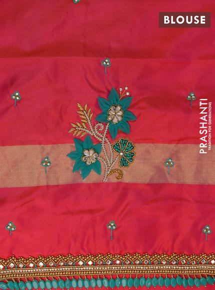 Pure kanchipuram silk saree teal green and dual shade of pinkish orange with silver & gold zari woven floral buttas and zari woven simple border - aari work blouse