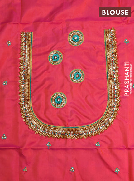 Pure kanchipuram silk saree teal green and dual shade of pinkish orange with silver & gold zari woven floral buttas and zari woven simple border - aari work blouse