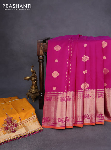 Pure kanchipuram silk saree magenta pink and mustard yellow with zari woven buttas and rich zari woven border - aari work blouse