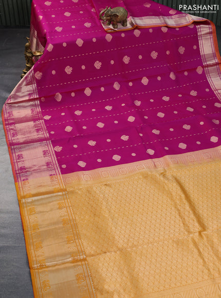 Pure kanchipuram silk saree magenta pink and mustard yellow with zari woven buttas and rich zari woven border - aari work blouse