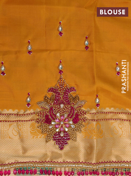 Pure kanchipuram silk saree magenta pink and mustard yellow with zari woven buttas and rich zari woven border - aari work blouse