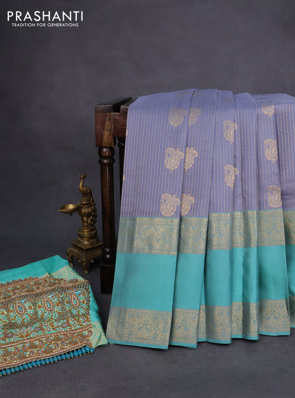 Pure kanchipuram silk saree grey and teal blue with allover zari weaves & buttas and long rettapet zari woven border - aari work blouse