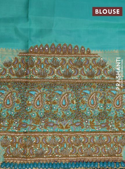 Pure kanchipuram silk saree grey and teal blue with allover zari weaves & buttas and long rettapet zari woven border - aari work blouse