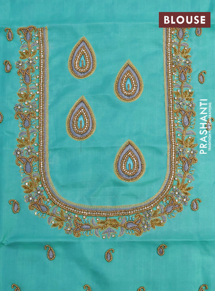 Pure kanchipuram silk saree grey and teal blue with allover zari weaves & buttas and long rettapet zari woven border - aari work blouse