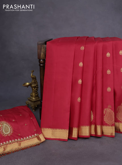 Pure kanchipuram silk saree kumkum red with zari woven buttas and zari woven border - aari work blouse