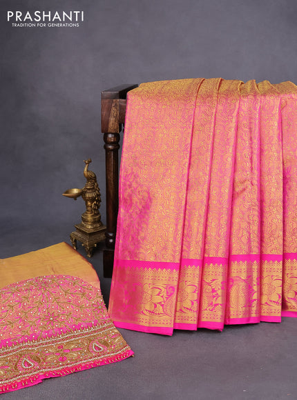 Pure kanchipuram tissue silk saree gold and pink with allover zari woven brocade weaves and rich zari woven border - aari work blouse