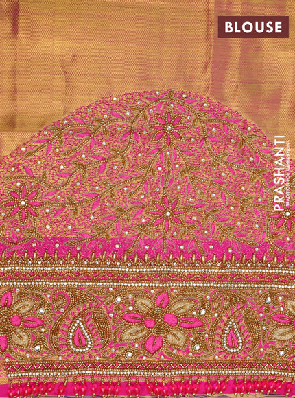 Pure kanchipuram tissue silk saree gold and pink with allover zari woven brocade weaves and rich zari woven border - aari work blouse