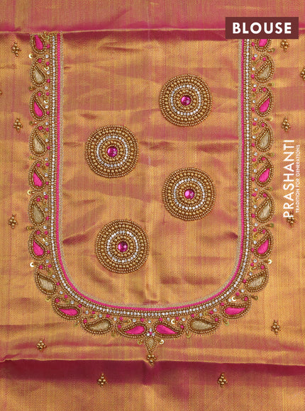 Pure kanchipuram tissue silk saree gold and pink with allover zari woven brocade weaves and rich zari woven border - aari work blouse