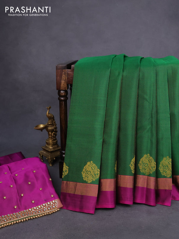 Pure kanchipuram silk saree green and purple with allover zari stripe pattern and zari woven simple border - aari work blouse