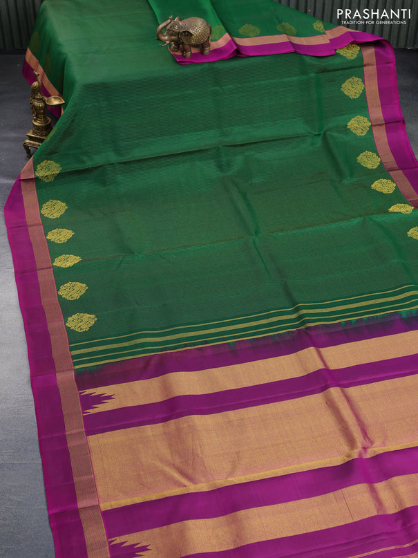 Pure kanchipuram silk saree green and purple with allover zari stripe pattern and zari woven simple border - aari work blouse