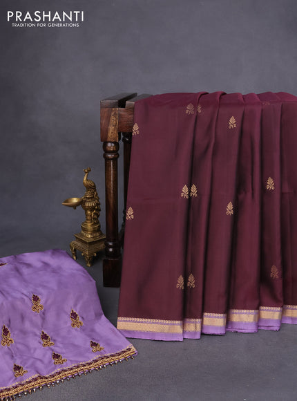 Pure kanchipuram silk saree deep maroon and pastel violet with zari woven buttas and zari woven border - aari work blouse