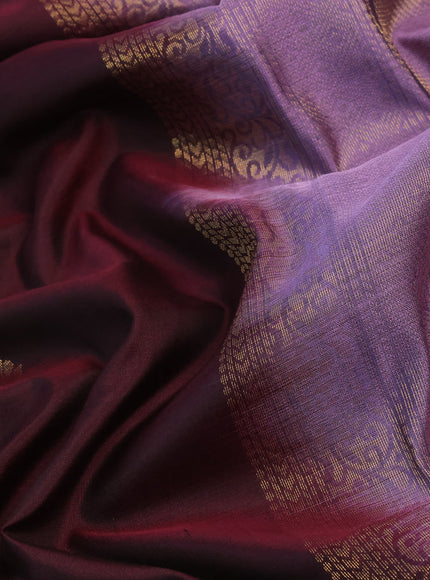 Pure kanchipuram silk saree deep maroon and pastel violet with zari woven buttas and zari woven border - aari work blouse