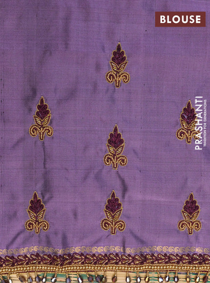 Pure kanchipuram silk saree deep maroon and pastel violet with zari woven buttas and zari woven border - aari work blouse