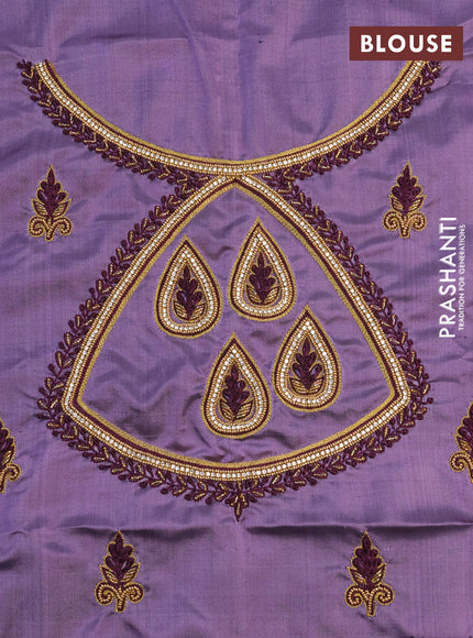 Pure kanchipuram silk saree deep maroon and pastel violet with zari woven buttas and zari woven border - aari work blouse