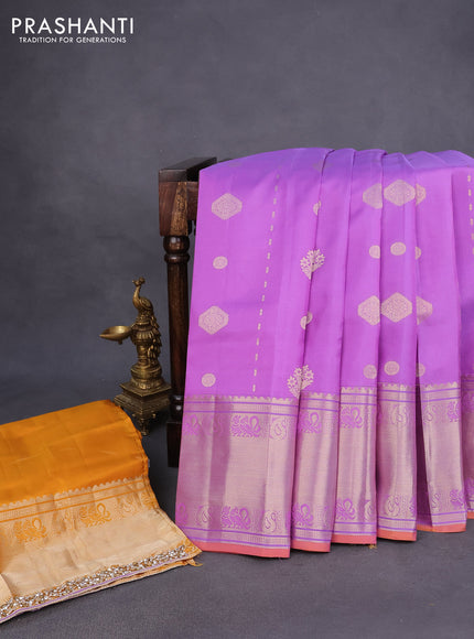 Pure kanchipuram silk saree lavender and mustard yellow with zari woven buttas and rich zari woven border - aari work blouse