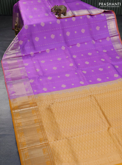 Pure kanchipuram silk saree lavender and mustard yellow with zari woven buttas and rich zari woven border - aari work blouse