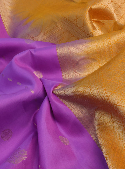 Pure kanchipuram silk saree lavender and mustard yellow with zari woven buttas and rich zari woven border - aari work blouse