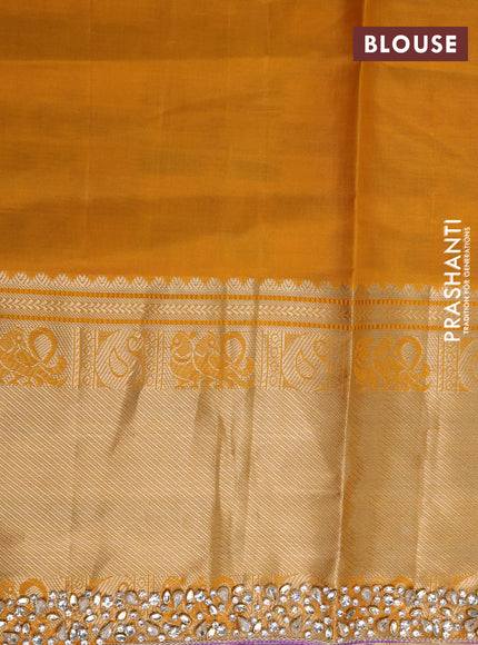 Pure kanchipuram silk saree lavender and mustard yellow with zari woven buttas and rich zari woven border - aari work blouse