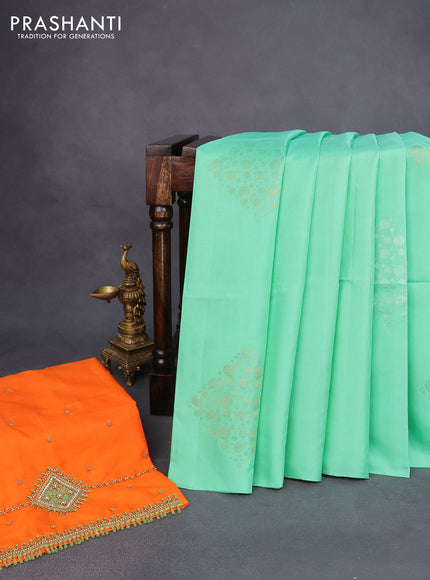 Pure kanchipuram silk saree pastel green and orange with silver & gold zari woven geometric buttas in borderless style - aari work blouse