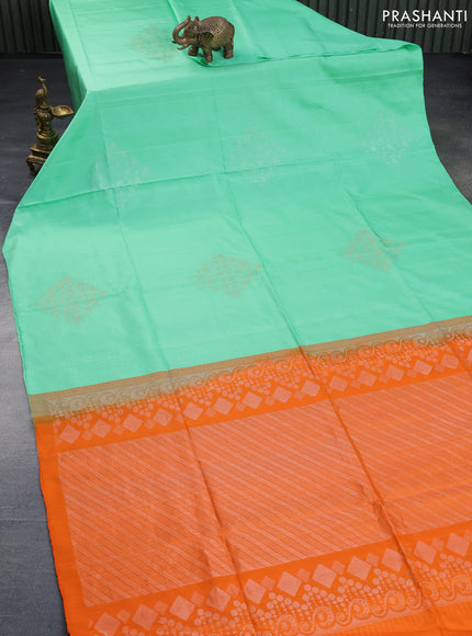 Pure kanchipuram silk saree pastel green and orange with silver & gold zari woven geometric buttas in borderless style - aari work blouse