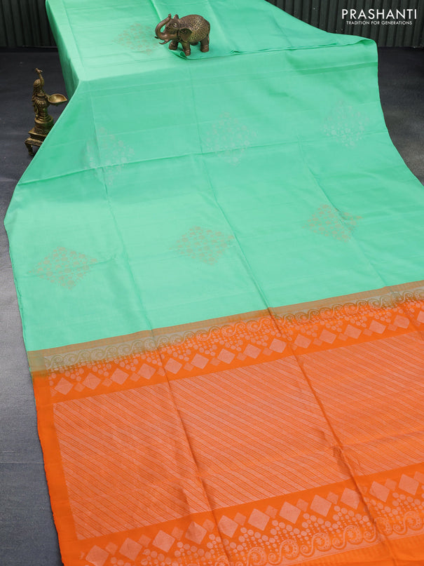 Pure kanchipuram silk saree pastel green and orange with silver & gold zari woven geometric buttas in borderless style - aari work blouse