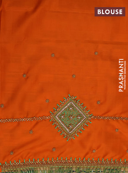 Pure kanchipuram silk saree pastel green and orange with silver & gold zari woven geometric buttas in borderless style - aari work blouse