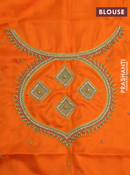 Pure kanchipuram silk saree pastel green and orange with silver & gold zari woven geometric buttas in borderless style - aari work blouse