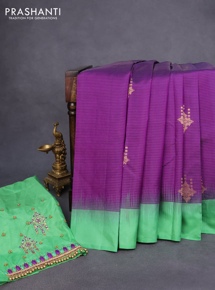 Pure kanchipuram silk saree purple and teal green with allover zari stripe & buttas and simple border - aari work blouse