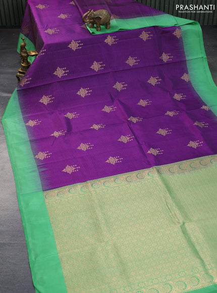 Pure kanchipuram silk saree purple and teal green with allover zari stripe & buttas and simple border - aari work blouse