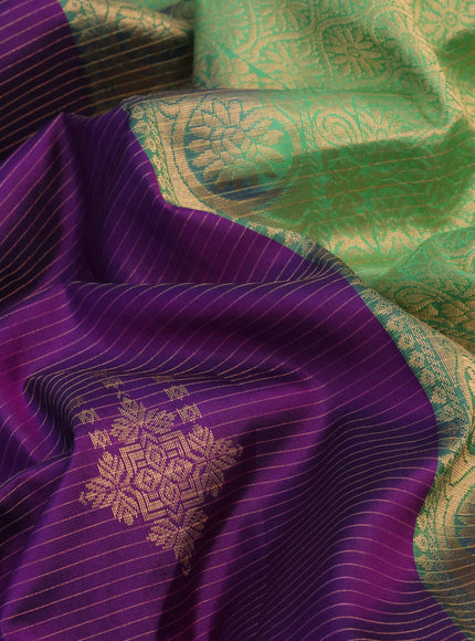 Pure kanchipuram silk saree purple and teal green with allover zari stripe & buttas and simple border - aari work blouse