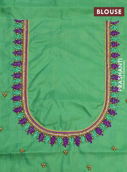 Pure kanchipuram silk saree purple and teal green with allover zari stripe & buttas and simple border - aari work blouse