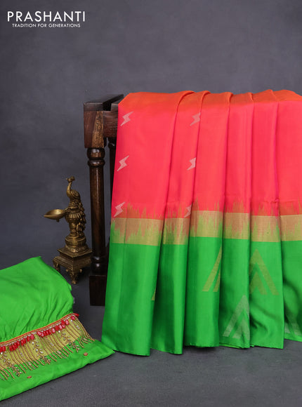 Pure kanchipuram silk saree dual shade of pinkish orange and parrot green with silver & gold zari woven buttas and long zari woven butta border - aari work blouse