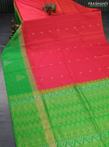 Pure kanchipuram silk saree dual shade of pinkish orange and parrot green with silver & gold zari woven buttas and long zari woven butta border - aari work blouse