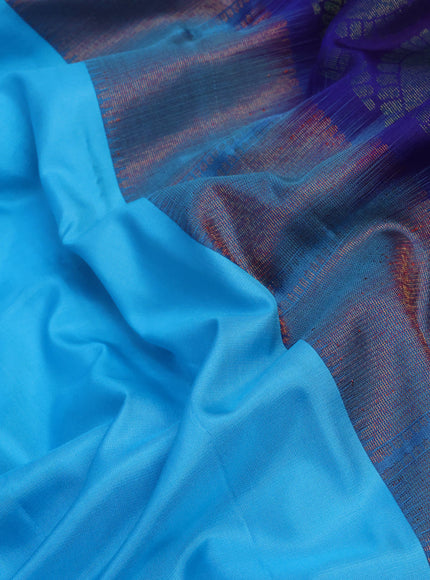 Pure kanchipuram silk saree light blue and dark blue with zari woven geometric buttas and piping border - aari work blouse