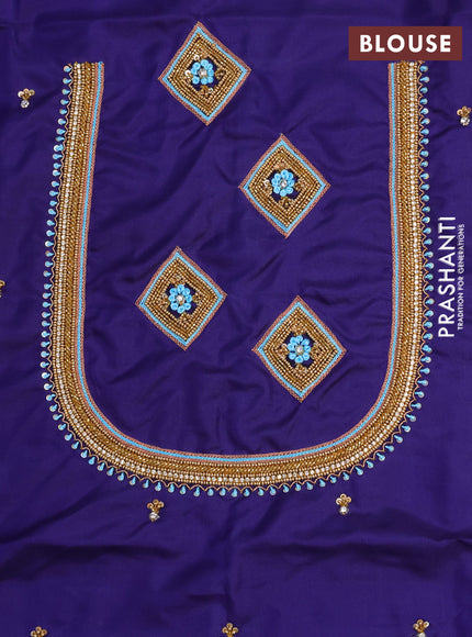 Pure kanchipuram silk saree light blue and dark blue with zari woven geometric buttas and piping border - aari work blouse