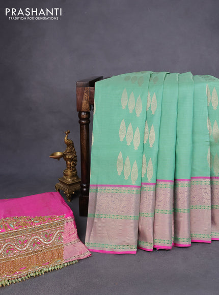 Pure kanchipuram silk saree pastel green and pink with allover zari weaves & buttas and rich zari woven border - aari work blouse