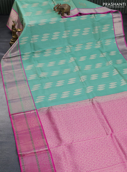 Pure kanchipuram silk saree pastel green and pink with allover zari weaves & buttas and rich zari woven border - aari work blouse