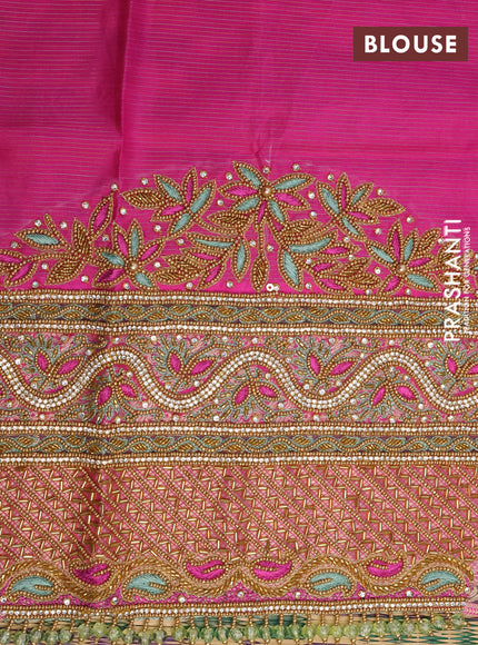 Pure kanchipuram silk saree pastel green and pink with allover zari weaves & buttas and rich zari woven border - aari work blouse