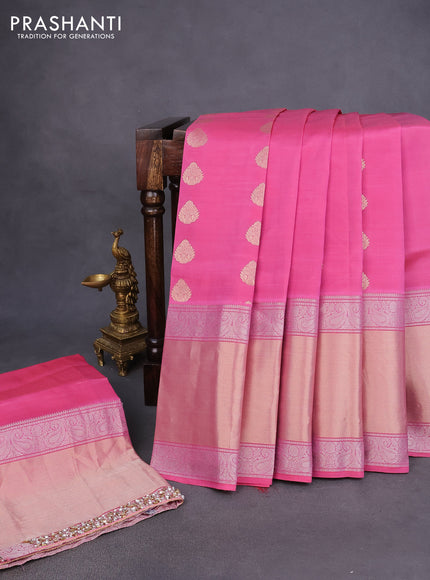 Pure kanchipuram silk saree pastel pink shade with zari woven buttas and long rich zari woven border - aari work blouse