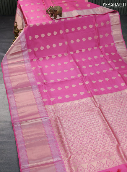 Pure kanchipuram silk saree pastel pink shade with zari woven buttas and long rich zari woven border - aari work blouse