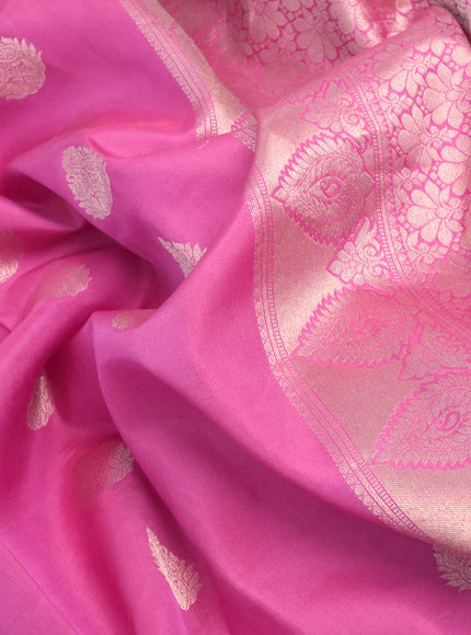 Pure kanchipuram silk saree pastel pink shade with zari woven buttas and long rich zari woven border - aari work blouse