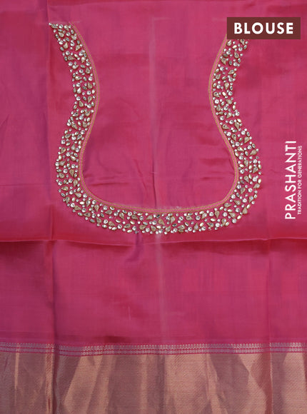 Pure kanchipuram silk saree pastel pink shade with zari woven buttas and long rich zari woven border - aari work blouse