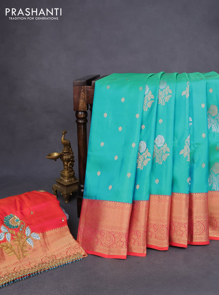 Pure kanchipuram silk saree dual shade of teal blue and dual shade of orange with zari woven buttas and rich zari woven border - aari work blouse