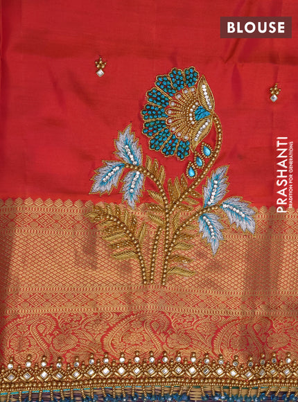 Pure kanchipuram silk saree dual shade of teal blue and dual shade of orange with zari woven buttas and rich zari woven border - aari work blouse