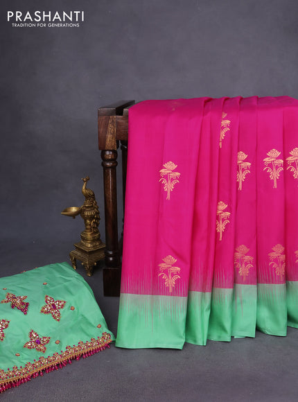 Pure kanchipuram silk saree pink and pastel green with floral zari woven buttas and simple border - aari work blouse